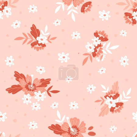 Ilustración de Baby doll patrón sin costuras ditsy. Flores tendencia de verano. Diseño vectorial. Colores rojos - Imagen libre de derechos