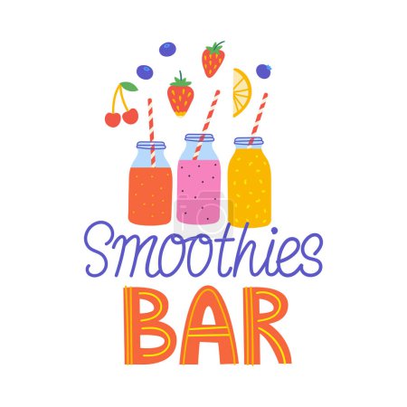 Téléchargez les illustrations : Smoothies bar Illustration dans un style plat. Logo du menu boisson pour bar. Design d'été. Désintoxication. - en licence libre de droit