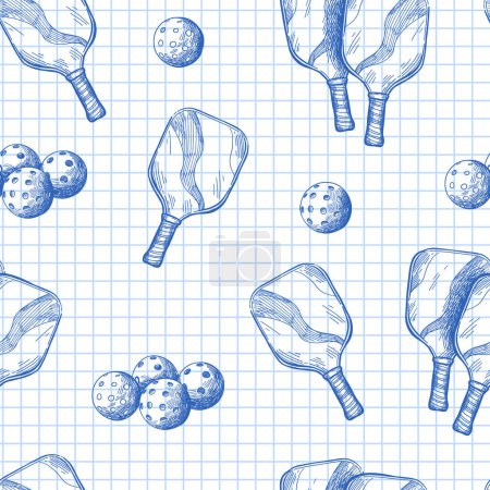 Illustration for Vector seamless pattern with pickleball equipment on checkered notebook sheet. Background with balls and rackets. - Royalty Free Image