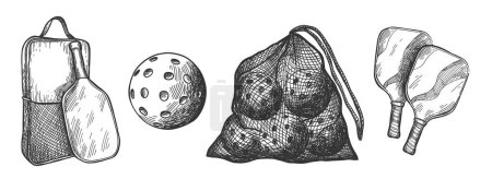 Illustration for Vector sport illustration with Pickleball equipment. Balls, rackets, bag, Black and white. - Royalty Free Image