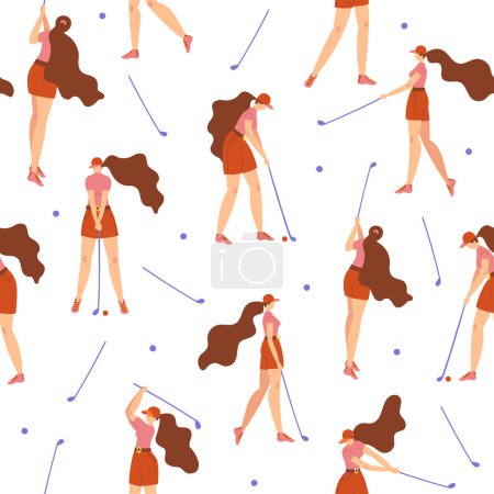 Illustration for Seamless pattern with young girl hitting ball with golf club. Vector flat hand drawn illustration. Female golfer plays golf background, backdrop. Woman in sport. Cartoon characters. - Royalty Free Image