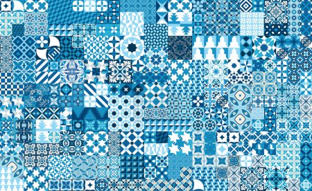Illustration for Seamless pattern with portuguese tiles. Vector blue illustration of Azulejo on white background. Mediterranean style. - Royalty Free Image