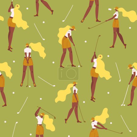 Illustration for Seamless pattern with african american young girl hitting ball with golf club. Vector flat hand drawn illustration. Female golfer plays golf background, backdrop. Woman in sport. Cartoon characters. - Royalty Free Image