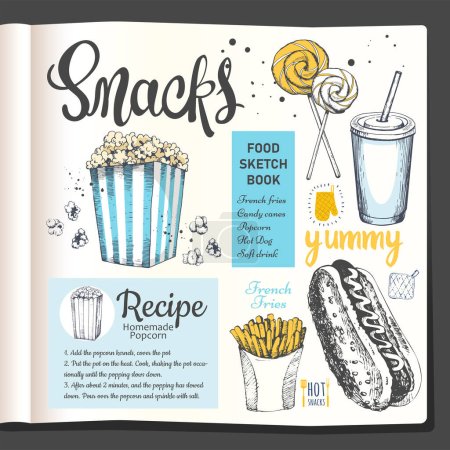 Illustration for Food sketchbook with fast food snacks. Popcorn recipes. Food in the sketch style. Vector illustration : hot dog, milkshake, french fries, lollipop. Cookbook. - Royalty Free Image