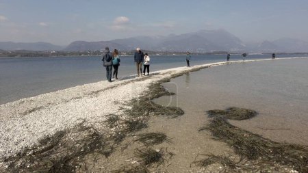 Téléchargez les photos : Italie, lac de Garde 2023, île San Biagio, île Rabbit - les eaux peu profondes du lac vous permettent de marcher et d'atteindre l'île à pied - urgence hydrique, sécheresse et aridité, bas du niveau d'eau - en image libre de droit