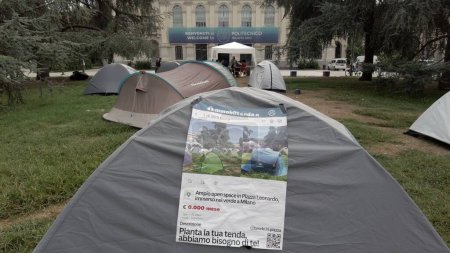 Photo for Italy , MIlan 09-19-23 Italian university students protest over high housing and high rents in Milan - Polytechnic University, student movement  - students sleep in tents - Royalty Free Image