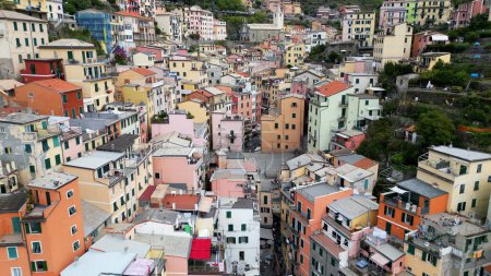 Photo for Europe, Italy, Liguria, Cinque Terre 10-20-23 Drone aerial view of Vernazza - The Cinque Terre popular tourist attraction for tourists from all over the world Unesco Heritage - Royalty Free Image