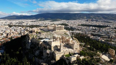 Photo for Acropolis in Greece, Parthenon in Athens aerial view, famous Greek tourist attraction, Ancient Greece landmark drone view - sigthseeing destination Unesco Heritage world in Atene - Royalty Free Image