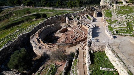 Aerial view by drone of archaeological site of ancient citadel of , north-eastern Peloponnese, Greece - Greek settlement of the 12th century BC. e. with the ruins of the acropolis Agamennone