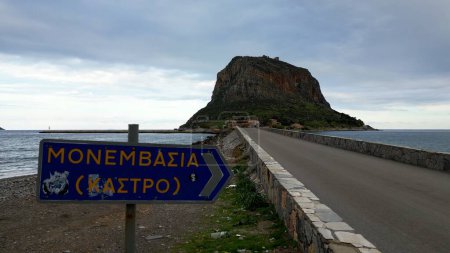 Photo for Europe,Greece , Laconia - Monemvasia is a tied island tourist attraction summer destination in east coast of the Peloponnese - drone arial view connecting road built between two seas - Royalty Free Image