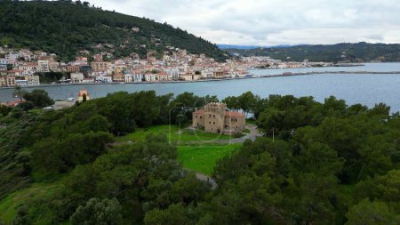Photo for Drone aerial view of Githio island (Gythio town) in Laconia, Peloponne - picturesque small fishing village of Gytheio in South Peloponnese - lighthouse and Green nature - Royalty Free Image