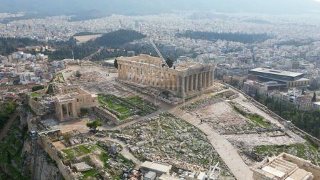 Acropolis in Greece, Parthenon in Athens drone aerial view, famous Greek tourist attraction, Ancient Greece landmark drone aerial view - sightseeing