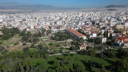 Athens 5-10-2024 Greece Athens , drone aerial view of Stoa of Attalos - Museum of the Ancient Agora in downtown of the city tourist attraction