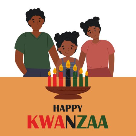 African American family celebrating Kwanzaa. Kinara with seven candles. Celebrated annually from 26 December to 1 January. African culture appreciation.