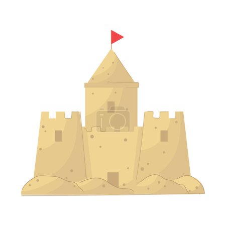 Illustration for Cartoon style sand castle with red flag. Cute beach sandcastle. Isolated on white. Flat design illustration. Summer themed icon. - Royalty Free Image