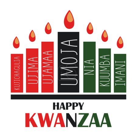 An illustration of an abstract kinara. Happy Kwanzaa concept. Umoja, ujima, ujamaa, kujichagulia, nia, imani lettering. Banner, poster, brochure, greeting card, clothing print template.
