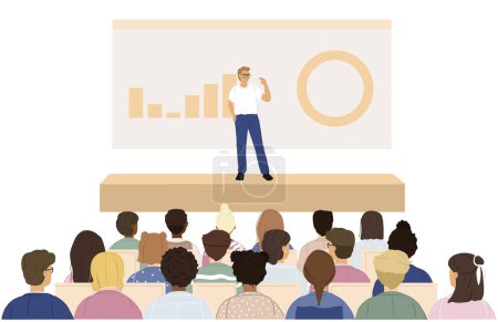 Illustration for A group of people sitting at a seminar, lecture, conference or professional training. A man making a presentation in front of an audience. Isolated on white. - Royalty Free Image