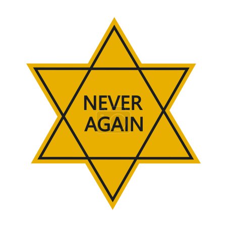 Yellow star of David with never again text written on it. Isolated on white.