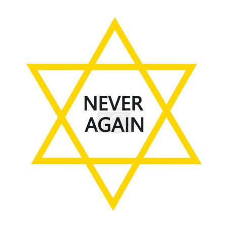 An illustration of a yellow star of David with never again text written on it. Isolated on white