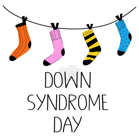 Buntes Banner zum Welt-Down-Syndrom-Tag. Jährlich am 21. März gefeiert. Kritzeln Sie bunte Socken und Text. Isoliert auf Weiß.