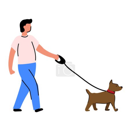 Eine einfache Illustration eines Mannes, der seinen Hund ausführt. Doodle Haustiertrainer. Isoliert auf Weiß.