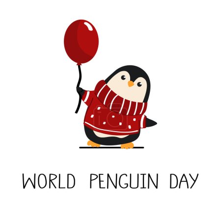 Celebración del Día Mundial del Pingüino. Observado anualmente el 25 de abril. Un lindo pájaro con un globo rojo. Banner, póster, tarjeta de felicitación, folleto.