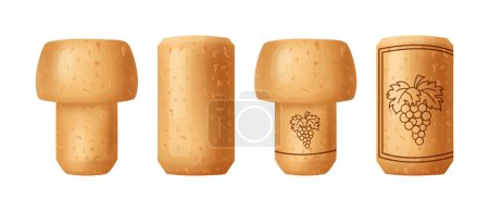 Illustration for Set cork stopper wooden taps. Wine bung in cartoon. Corkwood plug with grape bunch. Vector illustration on white background. - Royalty Free Image