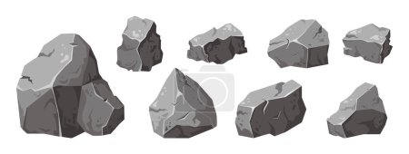 Set cartoon rock of different bouldesrs. Stone of various shapes. Heap of heavy cobbles. Granite cobblestone, natural building block. Vector illustration.