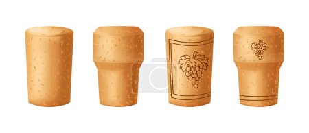 Set cork stopper wooden taps. Wine bung in cartoon. Corkwood plug with grape bunch. Vector illustration on white background.