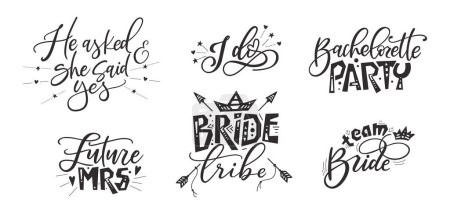 Téléchargez les illustrations : Bride tribe hand drawn lettering quote. Wedding inspiration calligraphy crd isolated on white background. Typography romantic bohemian poster. Vector invitation illustration. - en licence libre de droit