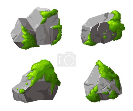Establecer roca del bosque con musgo. Piedra gris rota en caricatura. Parte montañosa de forma de diseño natural. Ilustración vectorial.