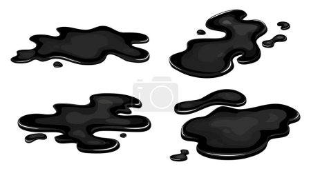 Conjunto de Derrame de aceite negro industria del charco. Mancha la gota de tinta de gasolina en forma de líquido. Ilustración de cartón vectorial.