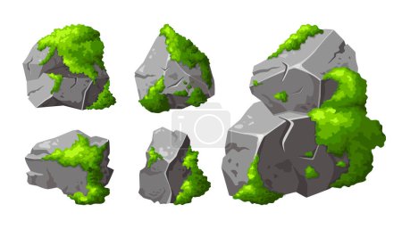 Ilustración de Establecer piedras grises con musgo verde. Elemento del bosque, roca de la naturaleza montain. Boulder signo de juego para el diseño. Ilustración vectorial aislada sobre fondo blanco. - Imagen libre de derechos