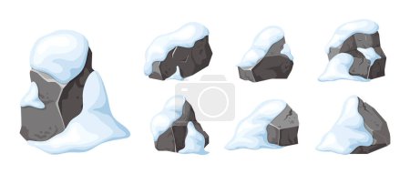 Ilustración de Conjunto de piedra y roca en nieve. Montañas nevadas en caricatura, montones de rocas en invierno. Piedras y material de construcción. Edad de hielo en la ilustración vectorial. - Imagen libre de derechos