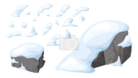 Illustration for Set of stone and rock in snow. Elements for ui design game. Snowy mountains in cartoon, heap of boulders in winter. Boulders and building material. Ice age in vector illustration. - Royalty Free Image