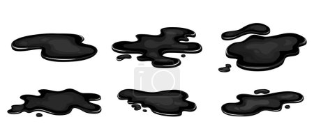 Illustration for Set of Spill of black oil puddle industry. Stain ink drop of petrol liquid shape. Vector cartton illustration. - Royalty Free Image