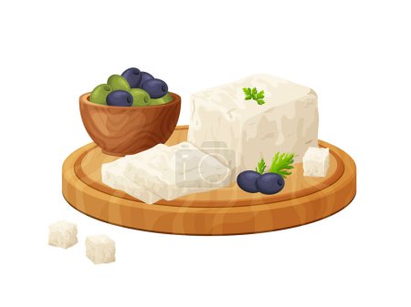 Illustration for Tofu on wood board, soybean, olive. Composition of sliced feta in cartoon style. Vegetarian healthy food. Greek traditional cheese. Vector illustration isolated on white background. - Royalty Free Image