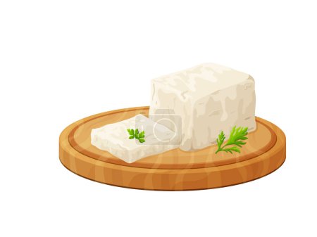 Illustration for Tofu on wood board, soybean, olive. Composition of sliced feta in cartoon style. Vegetarian healthy food. Greek traditional cheese. Vector illustration isolated on white background. - Royalty Free Image