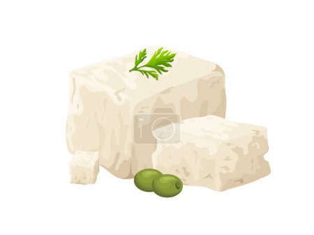 Illustration for Feta soft cheese. Cartoon greek brined curd white peace made from sheeps milk. Delicious food of soy milk. Vegetarian product vector illustration. - Royalty Free Image