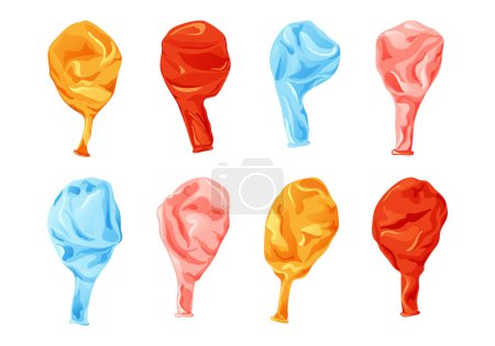 Téléchargez les illustrations : Cartoon inflatable balloon of various shapes and colors. Empty rubber blowing process. Latext uninflated element. Vector illustration on white background. - en licence libre de droit