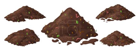 Illustration for Set of Organic soil heap for compost, garden recycling natural garbage. Earth worms and biodegradable trash. Vector illustration. - Royalty Free Image