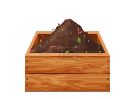 Illustration for Organic soil heap for compost in wooden box, garden recycling natural garbage. Earth worms and biodegradable trash. Vector illustration. - Royalty Free Image