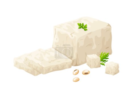 Ilustración de Trozos de tofu de soja. Nutrición de cuajada, comida saludable. Queso de soja ecológico vegano. Ilustración vectorial aislada sobre fondo blanco. - Imagen libre de derechos