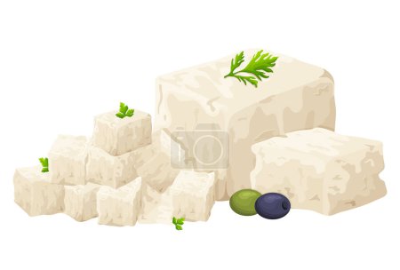Illustration for Tofu pieces soy bean. Curd nutrition , healthy food. Vegan organic soy cheese. Vector illustration isolated on white background. - Royalty Free Image