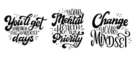 Téléchargez les illustrations : Set of Mental health quote in hand drawn lettering style. Positive typography poster with inspirational text. Vector illustration for prints, banners, sticker. - en licence libre de droit