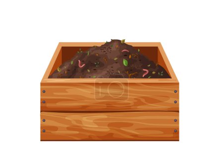 Ilustración de Organic soil heap for compost in wooden box, garden recycling natural garbage. Earth worms and biodegradable trash. Vector illustration. - Imagen libre de derechos