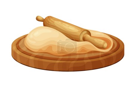 Illustration for Wooden rolling pin with fresh raw dough for bakind. Cartoon homemade tasty bread. Flour in bowl or bag, organic product. Vector illustration isolated on white background. - Royalty Free Image