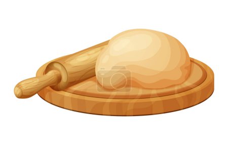 Ilustración de Fresh raw dough for bakind. Homemade tasty bread. Cartoon of wooden kitchen rolling pin. Vector illustration for menu, cafe, restaurant. - Imagen libre de derechos