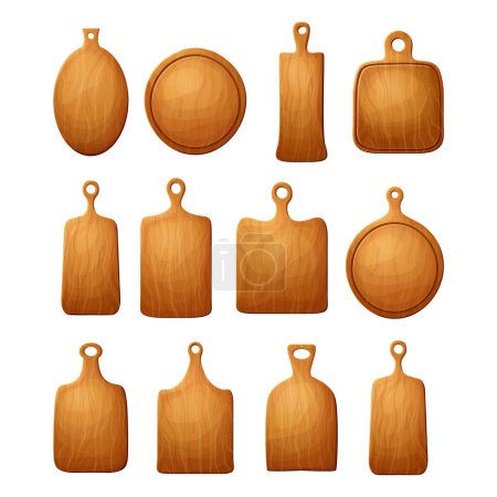 Illustration for Set of cutting wooden board for chop, pizza and meat. Kitchen cartoon old shield. Vector plank for food isolated on white background. - Royalty Free Image