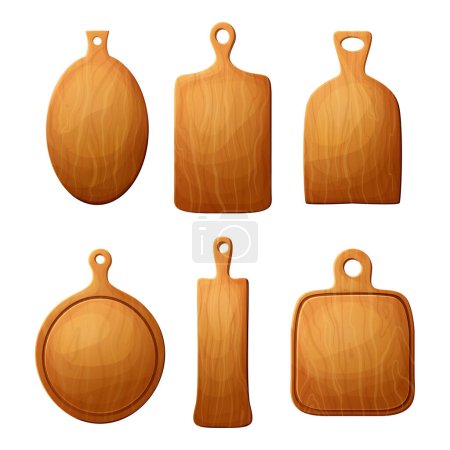 Illustration for Set of cutting wooden board for chop, pizza and meat. Kitchen cartoon old shield. Vector plank for food isolated on white background. - Royalty Free Image